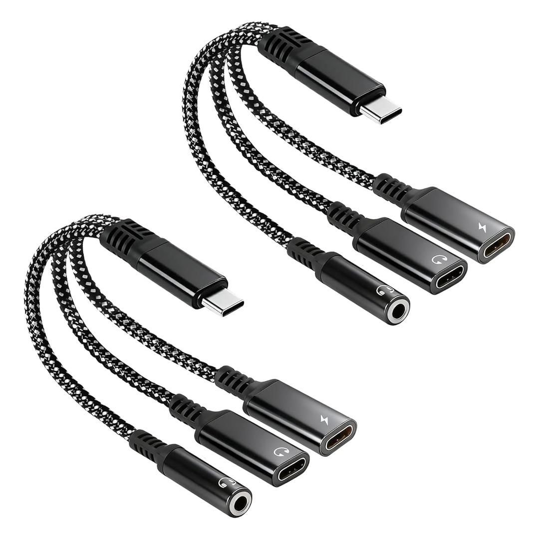 2 Pcs 3 in 1 Dual Type C Aux Splitter Charger, USB C to 3.5mm Headphone and Charger Adapter, Fits for iPhone 15/16 Pro/Max/Plus, Samsung Galaxy S22/S23/S24 Ultra Huawei Mate 40/30/20