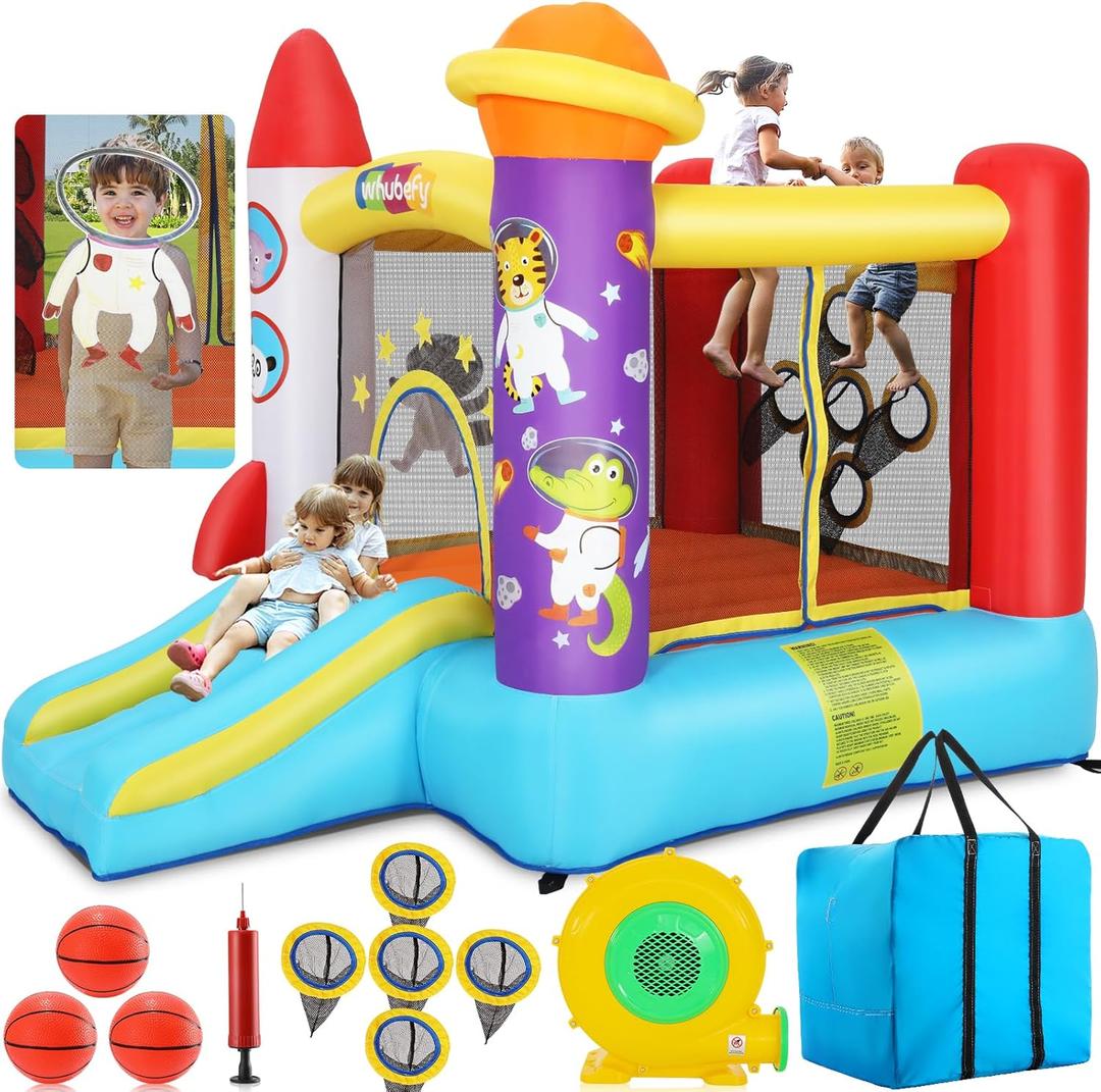 Whubefy Inflatable Bounce House for Kids 3-6 Space Rocket-Themed Bouncy Castle with Ball Toss Game, Animal Astronaut Cosplay, Slide & Blower, Basketball Rim, Toddler Indoor Outdoor