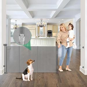 Reinforced 85" Wide Retractable Baby Gates Outdoor Retractable Dog Gate Indoor Mesh Baby Gate Retractable Pet Gate, Extra Wide Dog Gate with Support Rods Prevent Crawling Under, Gray