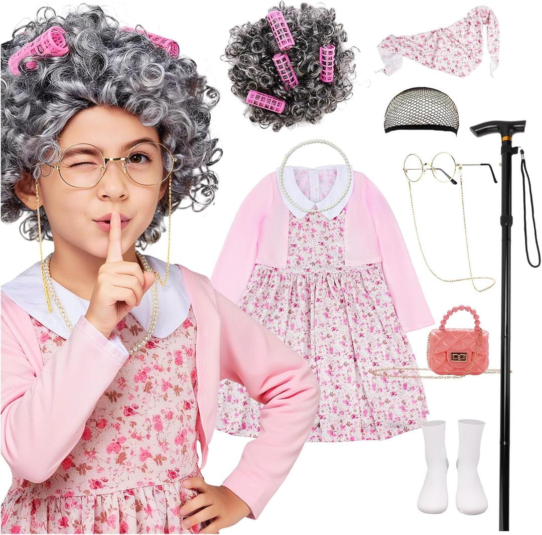 100 Days of School Old Lady Costume Grandma Dress Up Set for Girls Costumes Granny Outfit Kit (5-7Y, Pink)