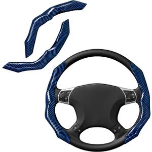 Carbon Fiber Steering Wheel Cover with Anti-Slip Lining and Segmented Design 2pcs Universal Steering Wheel Protector for Men and Women, Car Interior Accessory (Blue)