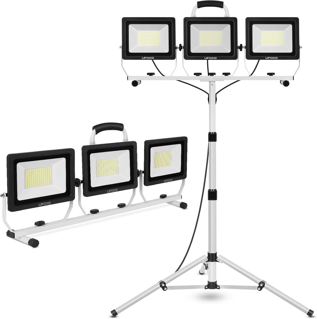UFOND 22000 Lumen LED Work Light with Stand,3 Head Portable Work Lights with Individual Switch,Waterproof Work Lamp, Adjustable Metal Telescoping Tripod with Power Cord