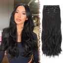 FESHFEN Clip in Hair Extensions for Women - 4 Pcs Thick Double Weft Long Wavy Soft Synthetic Blends Well Hair Extension, 24 inch Natural Black