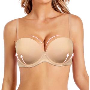 Women's Strapless Push Up Bra Underwired Thick Padded Low Cut T-Shirt Convertible Supportive Bras with Clear Straps (Beige, 40C)