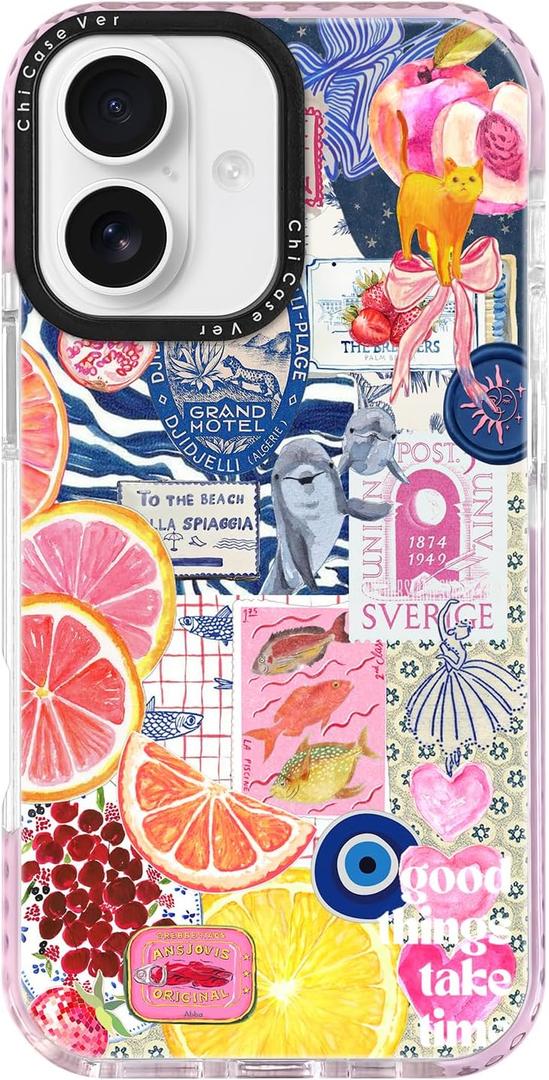 for iPhone 16 Plus CaseY2K Citrus Coastal Vintage Style Military-Grade Drop Protection TPU Camera Protection for Women Girls (BlueArt)