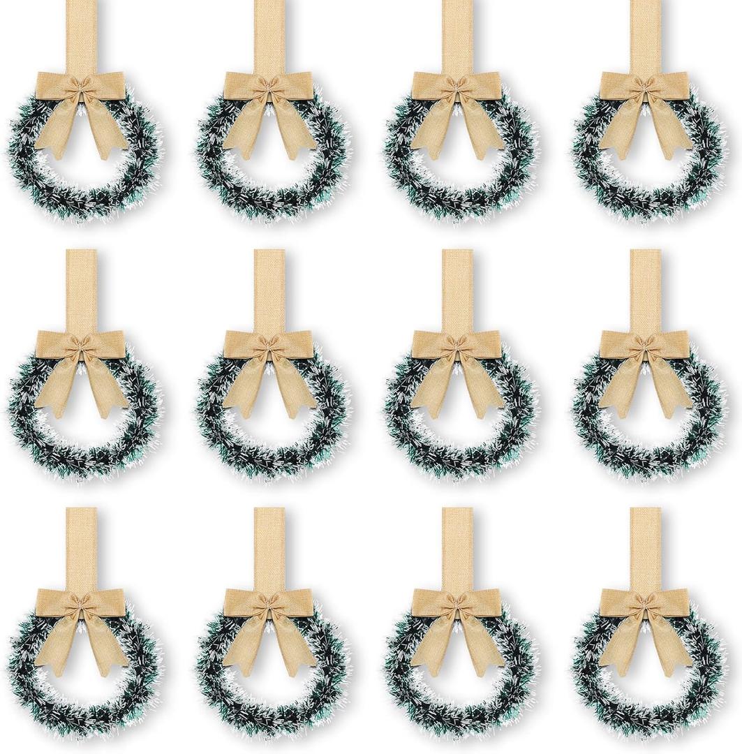Retrowavy 12 Pcs Christmas Kitchen Cabinet Wreaths with Ribbon 3.94 Inch Mini Christmas Wreath Small Kitchen Xmas Decor for Window Door (Linen Color,Snowy Style)