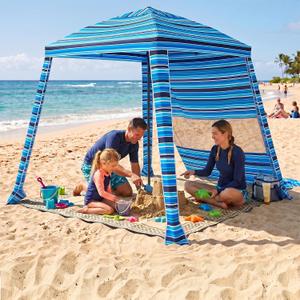 HOMEDEMO 6'6' Beach Cabana, Beach Canopy Tent Easy Set up and Take Down with Sand Pockets, Big Sandy Anchor, Elongated Side Wall Cabanas for Sand, Blue Stripe, 6x6 feet