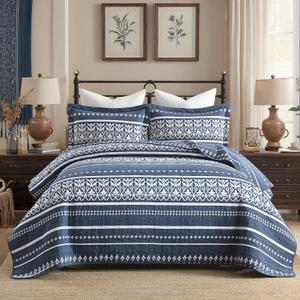 Navy Boho King Size Quilt Set - Bohemian Striped Bedspread Set King Size, 100% Cotton Navy Blue Quilt Bedding Set Lightweight Quilted Coverlet Set for King Bed with 2 Shams ,Navy Blue White 3 Pieces