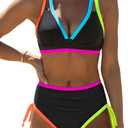 popvil High Waisted Bikini Sets for Women Tummy Control Swimsuits Neon Swimwear Bathing Suit (Medium, Black)