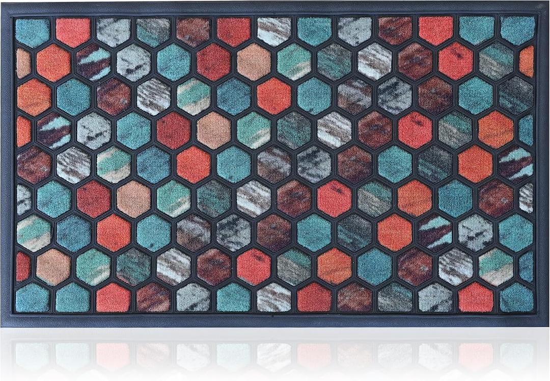 Extra Durable, Superior Absorption, Front Door Mat for Outdoor & Indoor - Welcome Mat for Entryway, Entrance, Patio, Porch - Waterproof, Non-Slip Backing, Coarse Fibers (Hive,18x30)