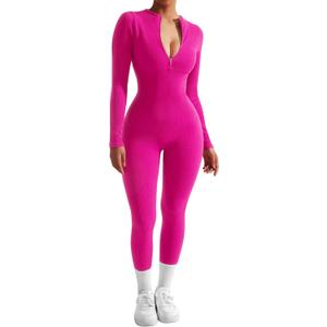 SUUKSESS Women Long Sleeve Ribbed Jumpsuit Zip up Front Workout Bodycon Romper (Large, Hot Pink)