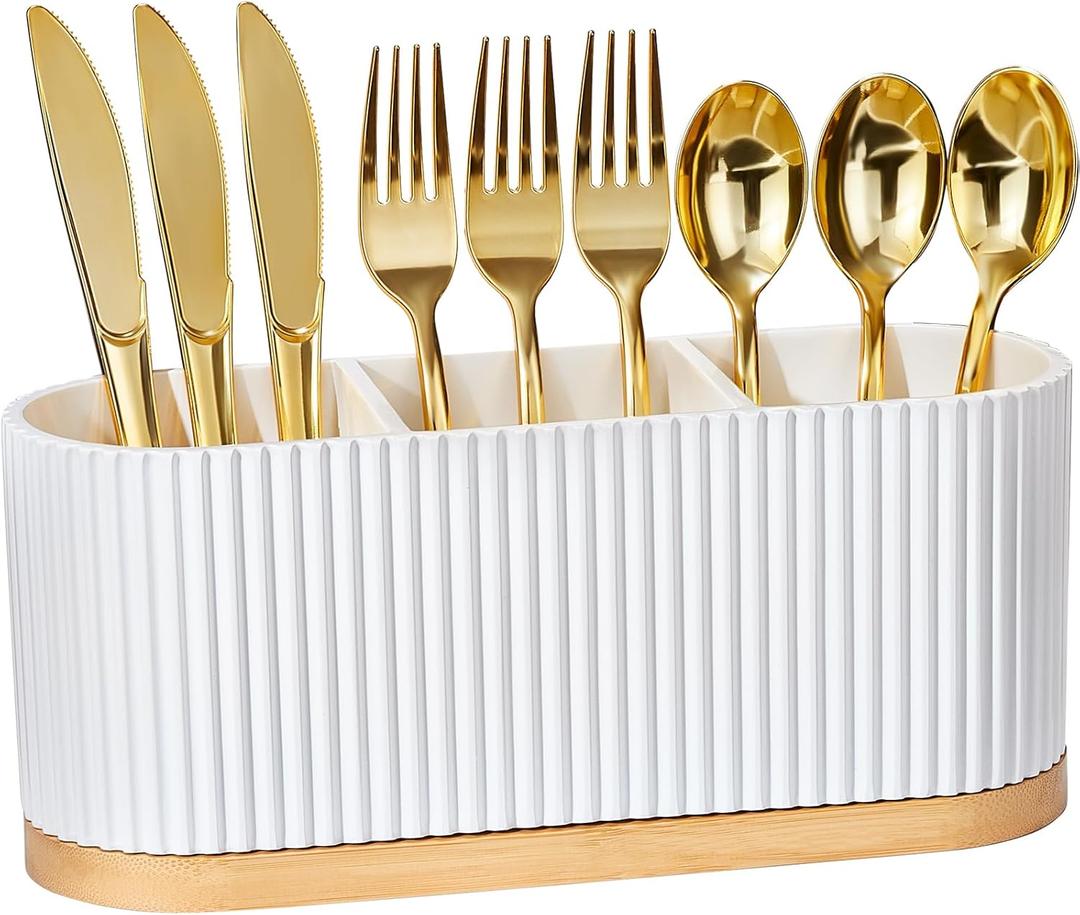 HouseJoy Countertop Silverware Holder, Silverware Caddy Organizer Holder for Forks, Spoons, Knives, Cutlery Caddy with 3 Compartments, Kitchen Utensil Holder for Party, Countertop (White)