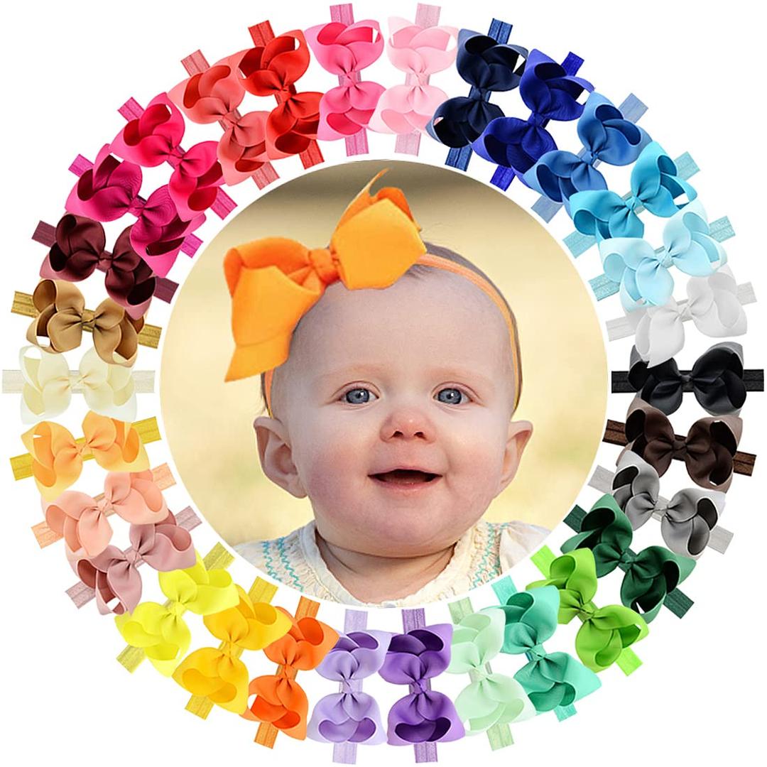 Baby Girls 4.5 Inch Grosgrain Ribbon Boutique Hair Bows Headband, 30 Colors - Fantastic Hair Accessories for Baby Girls, Infants, Toddlers, Kids, Children & Teens