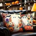 Weysat Halloween Horror Throw Pillow Covers 18 x 18 Inch Set of 4 Halloween Pillow Case Wildflower Pumpkins Ghost Bat Pattern Seasonal Decorative Horror Cushion Case Decoration for Home Sofa Couch Bed