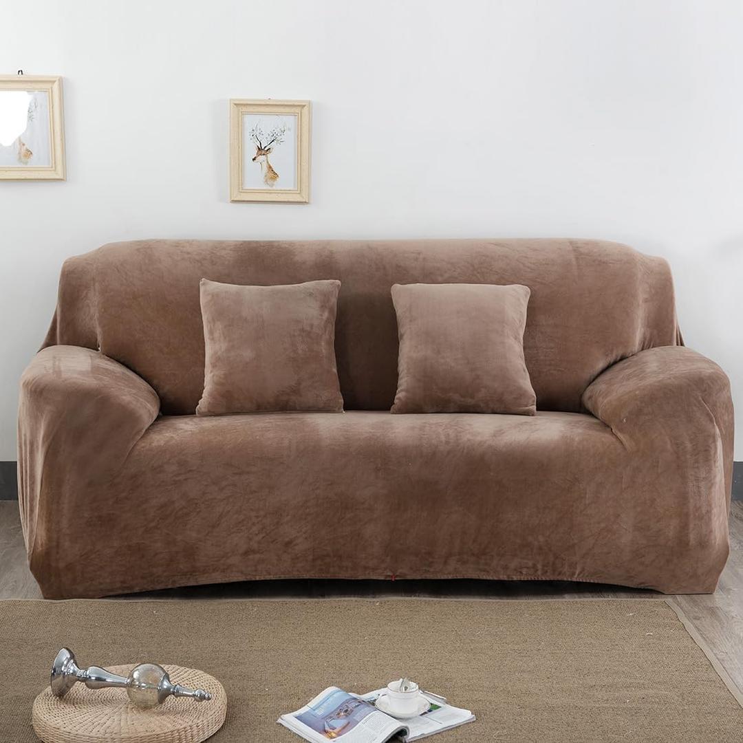 vctops 1-Piece Velvet Plush Stretch Sofa Slipcover with Elastic Bottom Soft Fuzzy Fluffy Couch Covers for 3 Cushion Couch Furniture Protector for Kids, Pet (Camel,Sofa)