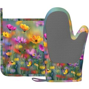 Retro Colorful Flowers Oven Mitts and Pot Holders Sets Boho Floral Non-Slip Silicone Surface for BBQ Gloves,Kitchen,Cooking,Baking,Grilling