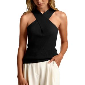 MOHHOM Women's Halter Neck Crossover Sleeveless Ribbed Knit Tank Top Slim Fit Casual Summer Basic Top (Medium, Black)