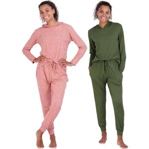Real Essentials 2 Pack: Women's Soft Long Sleeve Sleep Set - Comfortable Lounge Pull Over Hoodie and Henley Jogger, L