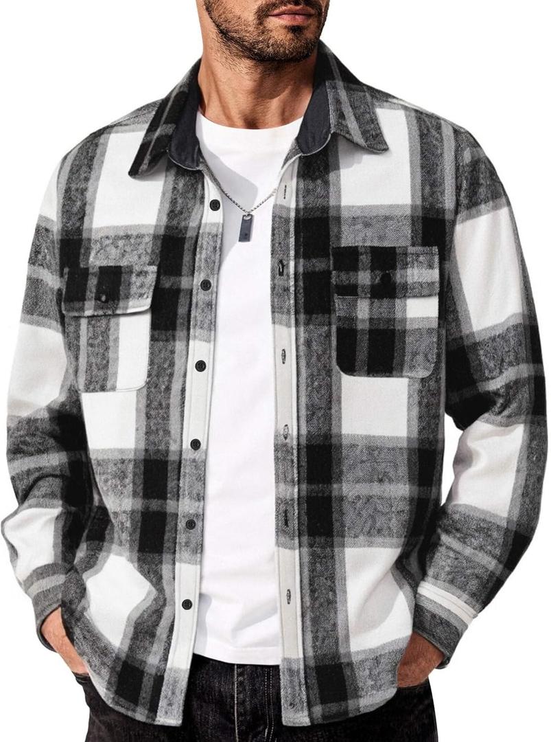 COOFANDY Men's Flannel Shirts Long Sleeve Cotton Plaid Shirt Jacket Casual Button Down Shirt with Pockets (Black, S)
