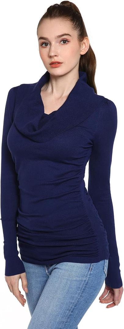 AmlieBoutik Women Casual Slim Fit Cowl Neck Long Sleeve Ruched Sides Pullover Tunic Sweater (X-Small, Navy Blue)