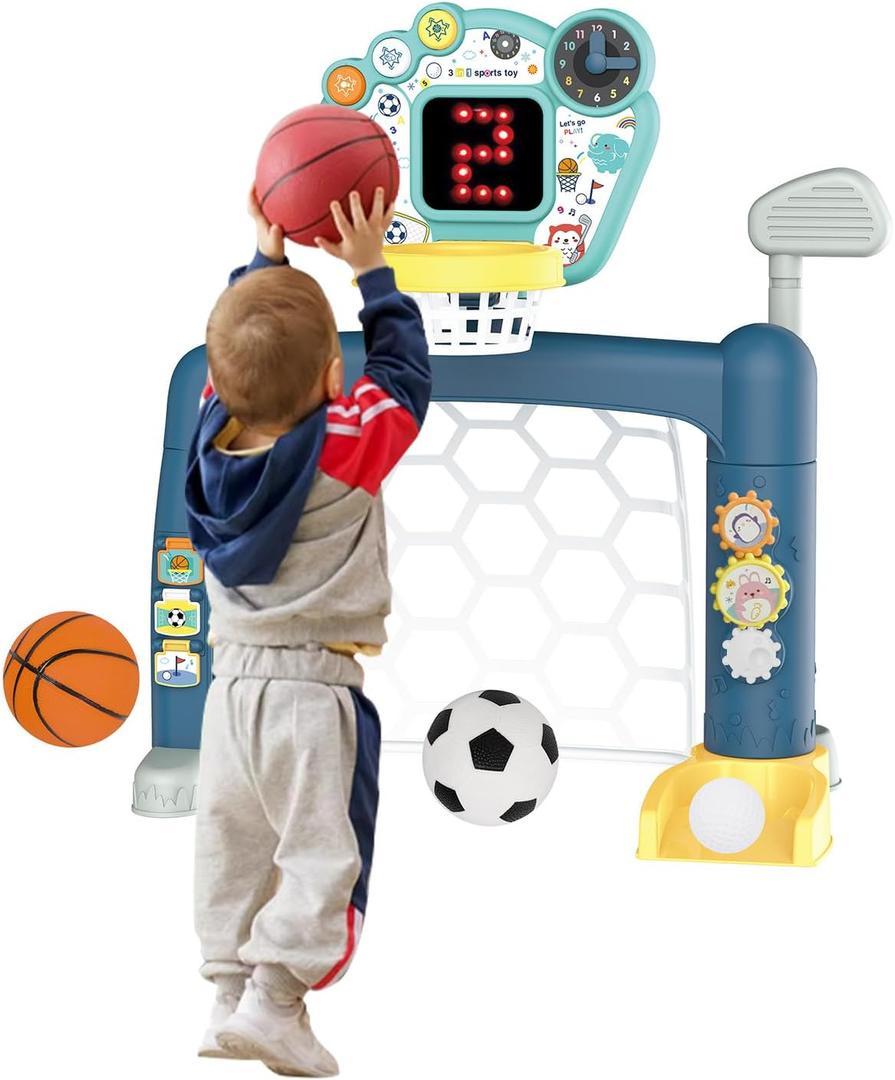 Custer's Night 3-in-1 Toddler Basketball Hoop, Soccer Goal & Golf Set with LED Scoreboard & Music for 18M+ - Adjustable Height, Sturdy Indoor/Outdoor Play