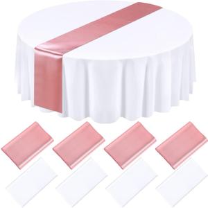 Tudomro 8 Pcs White and Rose Gold Round Plastic Tablecloth and Satin Table Runner Set 84 Inch Round Covers 12 x 108 Inch Table Runners for Wedding Birthday Party Baby Shower Anniversary