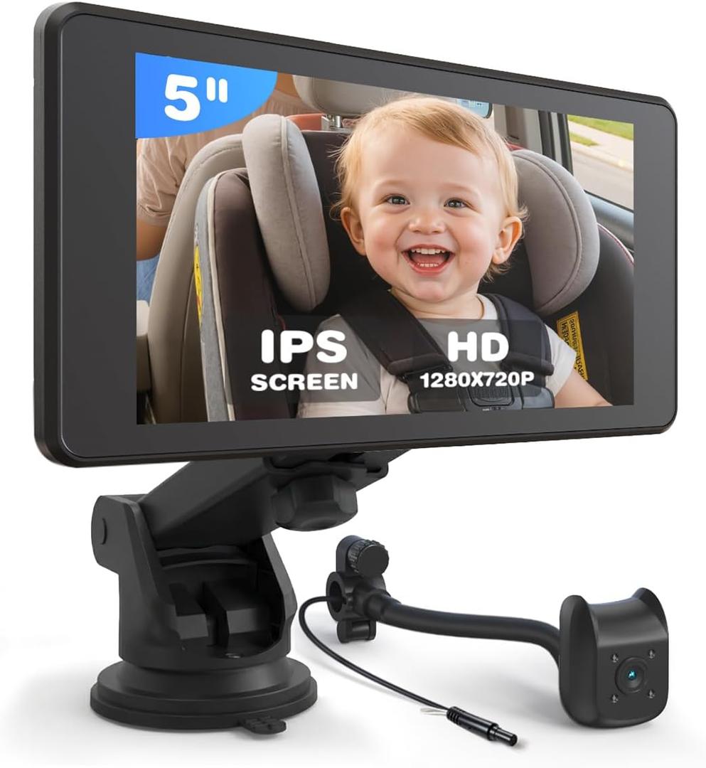 Baby Car Camera Monitor | 5" 1080P IPS Suction Cup Screen - 360° Rotation IR Night Vision 3X Zoom - USB Powered Headrest Mount for Baby Car Cam