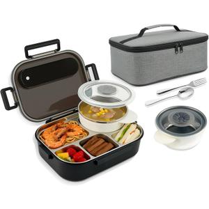 Bento Lunch Box with 8oz Soup Thermo,5-Compartment Leak-Proof Container, Thermo Hot Food Jar and Insulated Lunch Bag with Utensil,Microwave & Dishwasher & Freezer Safe