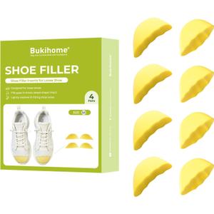 Bukihome Shoe Filler Insert - 4 Pairs Shoe Filler for Too Big Shoes, Heel Cushions for Women, Toe Inserts, Size Reducer Make Shoes Fit, Cushions for Women, Yellow, M