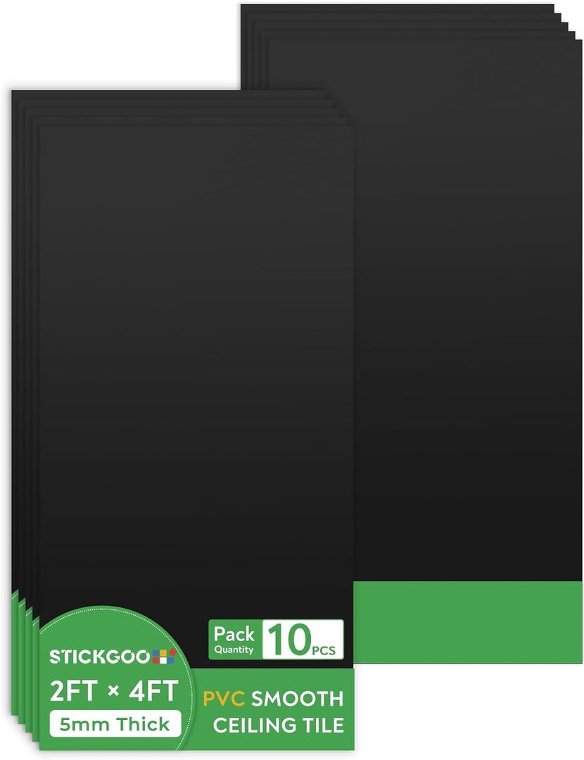 STICKGOO Black Ceiling Tiles 2ft x 4ft, Smooth PVC Ceiling Panel - Waterproof, Fire-Rated, No Breakage - Decor Coverings 24 x 48in - 10 Pack Cover 80 Sq. Ft (10 Pack of 2ft x 4ft)