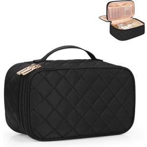 Relavel Makeup Bag, Small Makeup Bag for Women, Travel Cosmetic Bag, 2 Layers Waterproof Makeup Organizer Storage with Makeup Brush Holder, Black (MEDIUM)