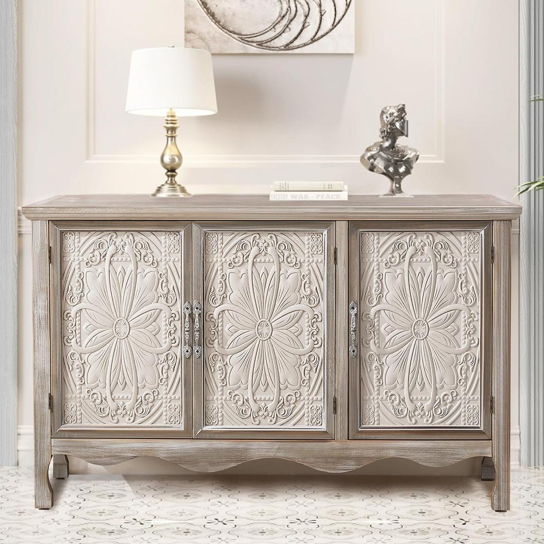 RoyalCraft Farmhouse Sideboard Buffet Cabinet with Storage, 49" Solid Wood Credenza Buffet Table Coffee Bar Wine Bar Storage Cabinet with 3 Doors for Dining Room Living Room Hallway, (Provence Gray), 17"D x 49.2"W x 31"H