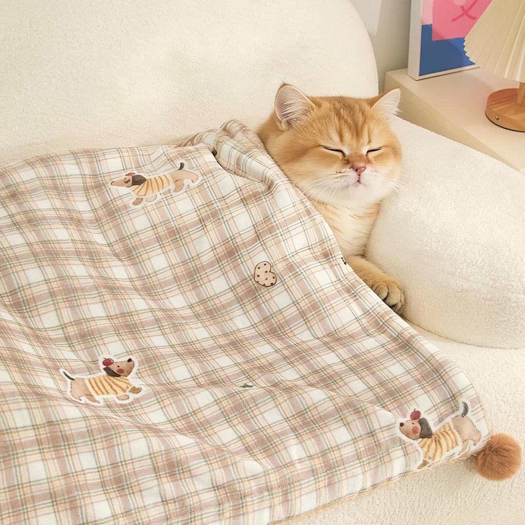 Cat Blanket for Indoor Cats Washable Calming Cozy Pet Blankets Cat Throw Blanket with 2 PCS Fluffy Fur Balls Dog Blanket for Bed Couch Chair,Brown