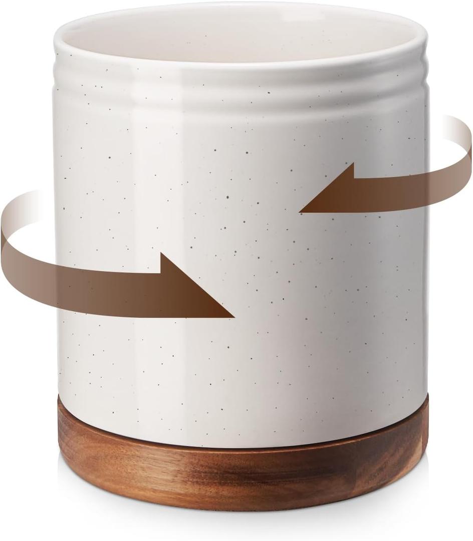DOWAN 7.6" 360 Rotating Utensil Holder, Kitchen Utensil Holder for Countertop,Large Ceramic Utensil Crock for Kitchen Decor, Protection Cork Bottom, Speck White