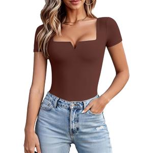 Avidlove Women's Short Sleeve Bodysuit Square Neck Body Suits One Piece T Shirt Summer Going Out Tops Date Outfits (Brown, S)