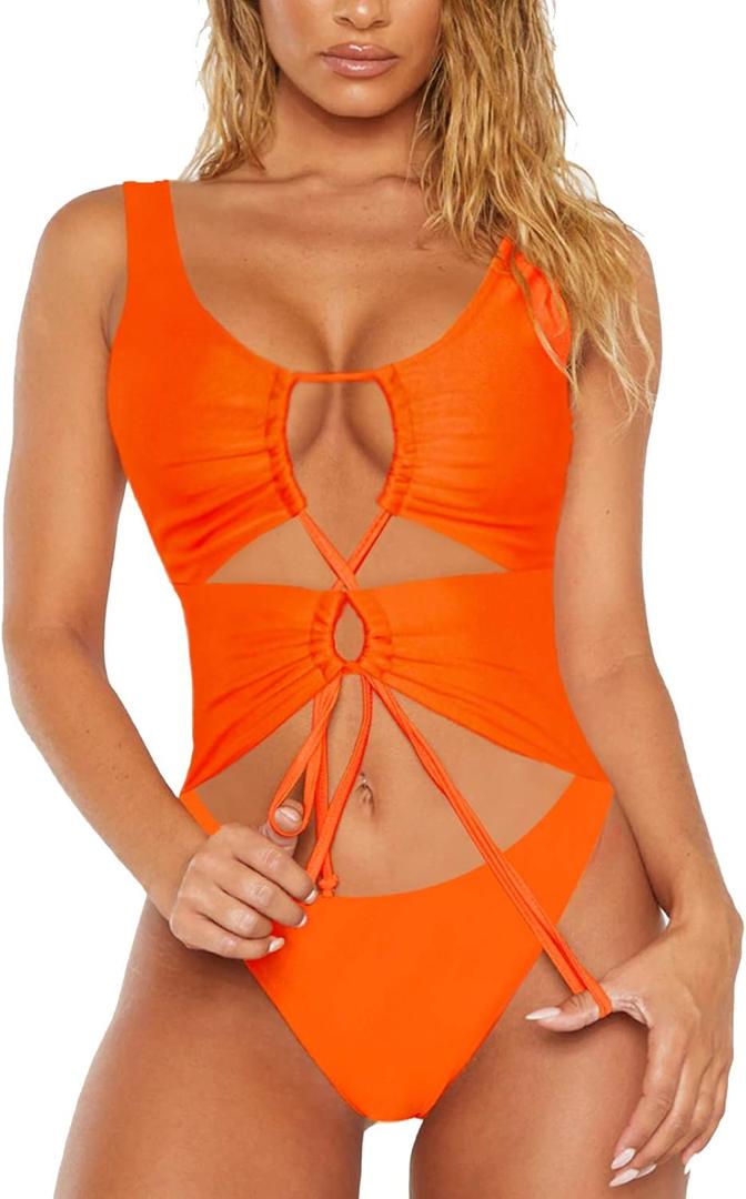 Sovoyontee Women's Sexy One Piece Swimsuits Cheeky Bikini Bathing Suit (Medium, Neon Orange)
