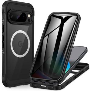 CENHUFO Magnetic Privacy for Google Pixel 10A Case, Full Body Phone Case with Built-in 9H Tempered Glass Privacy Screen Protector and Camera Protector, Shockproof Protective Anti Spy Cover - Black