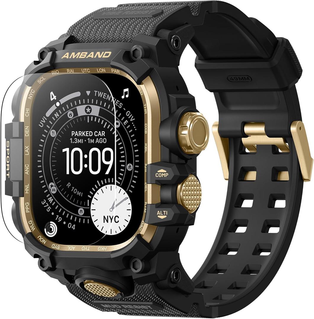 amBand Rugged Case with Band for Apple Watch Ultra 3/2/1 49mm, M3 Military Grade Shockproof Cover, Includes Screen Protector Kit, Tactical Band for Men - Compatible with iWatch Ultra, Black Gold
