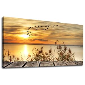 Wall Art Lake Sunset Canvas Art Autumn Nature Picture Dock Wooden Bridge Reeds Birds Flying Shore Dusk Contemporary Artwork for Bedroom Living Room Decoration Home Kitchen Office Wall Decor 29" x 58"