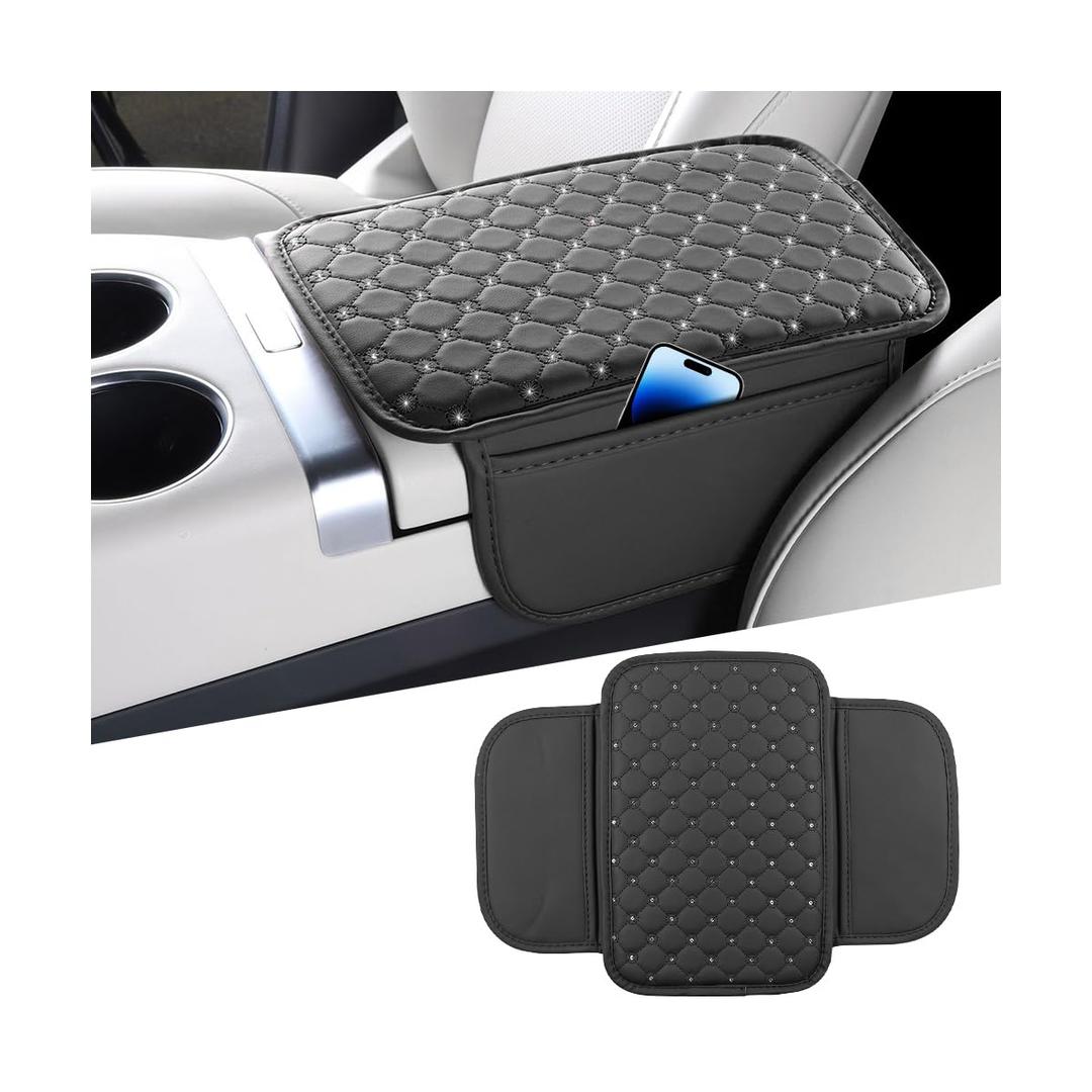 Norkmdi Bling Car Center Console Cover, Leather Crystal Rhinestone Vehicle Armrest Cushion Pad with Side Storage Bags, Scratch Resistant Auto Middle Console Protection Mat, Universal Fit (Coffee)