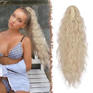 FESHFEN Claw Clip Ponytail Extensions - Long Pony Tail Hair Piece Wavy Curly Synthetic Hairpieces for Women, Light Blonde 26 inch