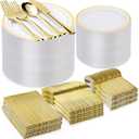 BESTVIP 600PCS Gold Plastic Plate Set (100 Guests), Plastic Plates for Party Wedding Birthday, Disposable Dinnerware Set of 200 Plates, 200 Forks, 100 Spoons, 100 Knives for Christmas