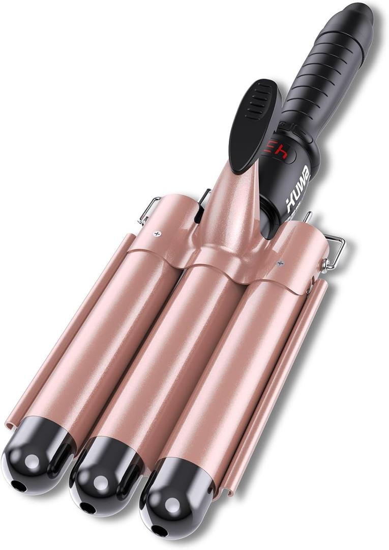 kuwa Crimper Hair Tool,3 Barrel Curling Iron,hairCrimper for Women,Hair Waver with LCD Temperature Display,Long-Lasting Natural Tight Waves (Rose Gold)