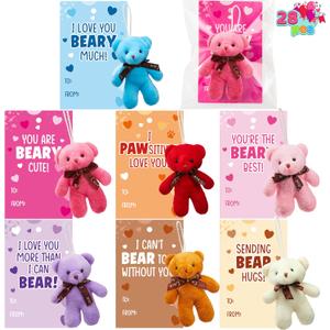 JOYIN 28 Packs Valentine's Day Gift Cards with Mini Bears Plush Toy Party Favors, Mini Stuffed Plush Toys for Valentine's Day Gifts, Kids Classroom School Exchange Prize