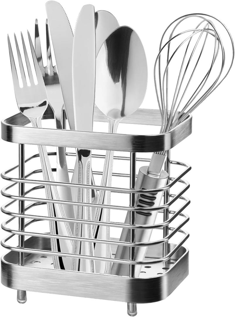 Utensil Holder, Stainless Steel Utensil Drying Rack for Kitchen Counter, Silverware Cutlery Flatware Holder Forks, Knives, Spoons, Chopsticks Organizer (Silver) (4"Lx3"Wx4"H, Silver)