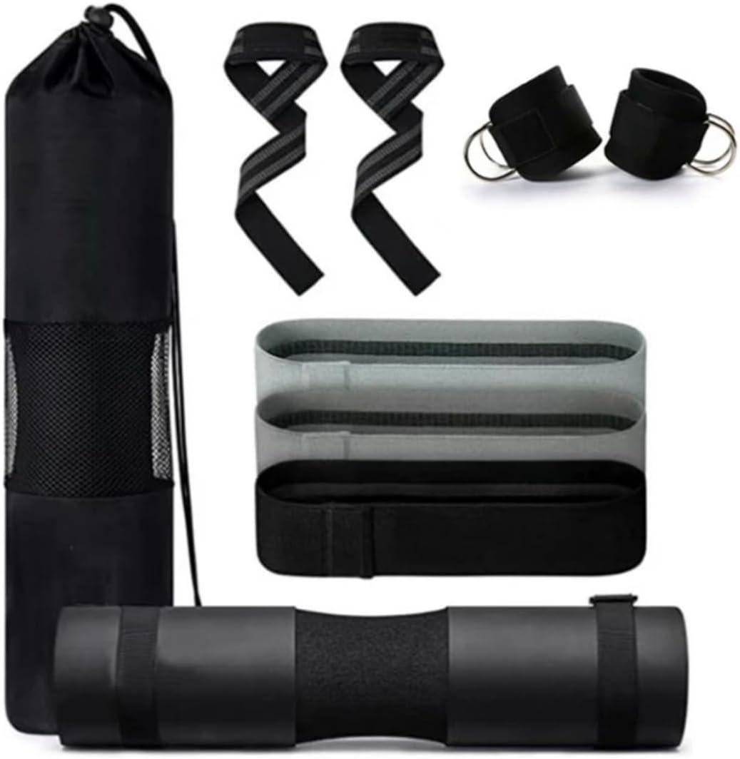7 Pack Barbell Squat Pad Hip Thrust Pad Bar Cushion Bars Pad Gym Ankle Straps Hip Exercise Band (Black)