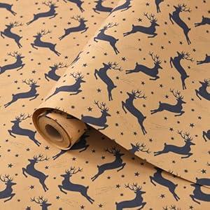 ZJHiome Christmas Wrapping Paper Roll 43cm*10m Xmas Wrapping Paper Recyclable Kraft Paper for Xmas New Year Winter Holidays Gifts Wrap(Blue Deer)