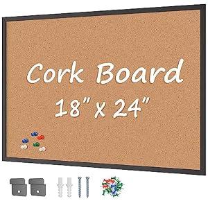 Board2by Cork Board Bulletin Board 24“ x 18”, Black Wood Framed Corkboard, Office Board for Wall Cork, Large Wall Mounted Notice Pin Board with 16 Push Pins for School, Home & Office