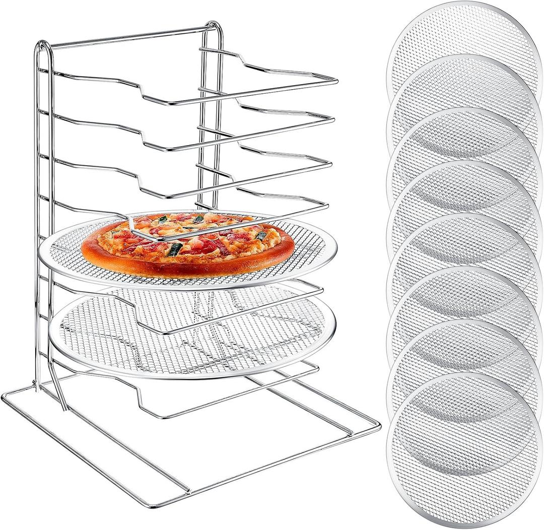 Zhehao Pizza Rack 8 Tiered Pizza Stand 16.7'' H x 12'' L x 12'' W and 8 Pcs 12'' Pizza Pans with Holes, Aluminum Pizza Baking Set for Easy Storage and Baking Multiple Pizzas