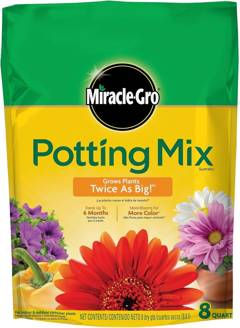 Miracle-Gro Potting Mix, For Indoor or Outdoor Potted Plants, Flowers, Vegetables, Shrubs, Annuals, and Perennials, Feeds Up to 6 Months, 8 qt. (1 Pack)